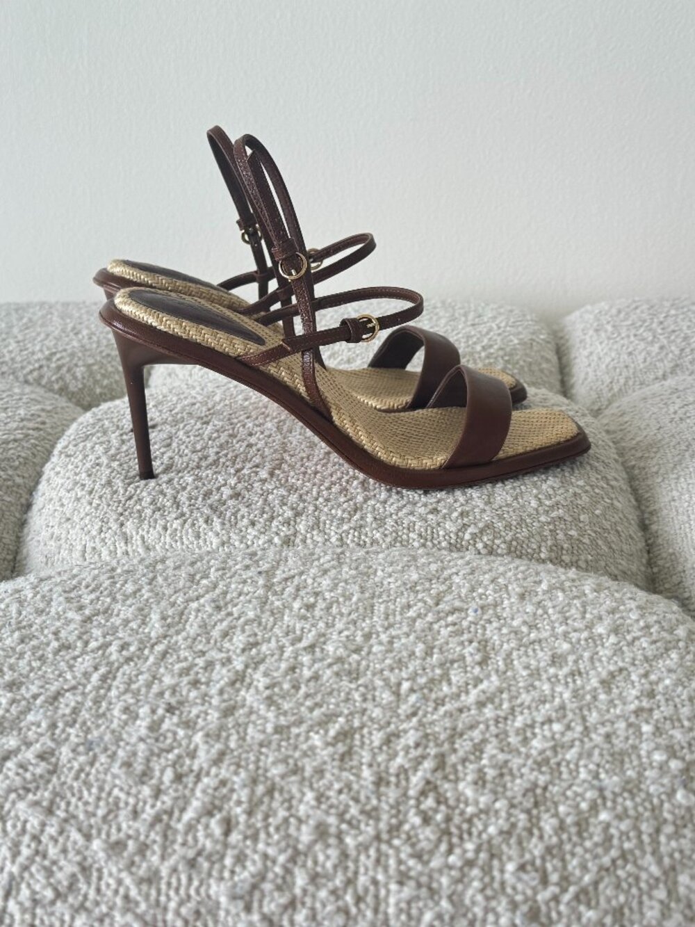 MAX MARA TOBACCO NAPPA LEATHER STRAPPY STILETTO HEELS WITH WOVEN INSOLES, SZ 38